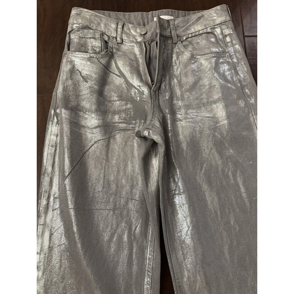 Gianni Bini Girls Foiled Metallic Denim Pants gray silver straight wide legs 16